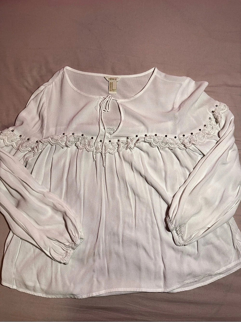 Forever 21 Embroidered Tie-Neck Blouse White - Medium